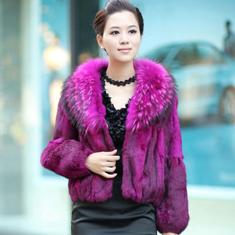 

Women's Winter Coats Short Whole Rabbit Fur Coat Women Clothing Raccoon Fur Collar Korean Fashion Warm Female Real Fur Jacket Lq