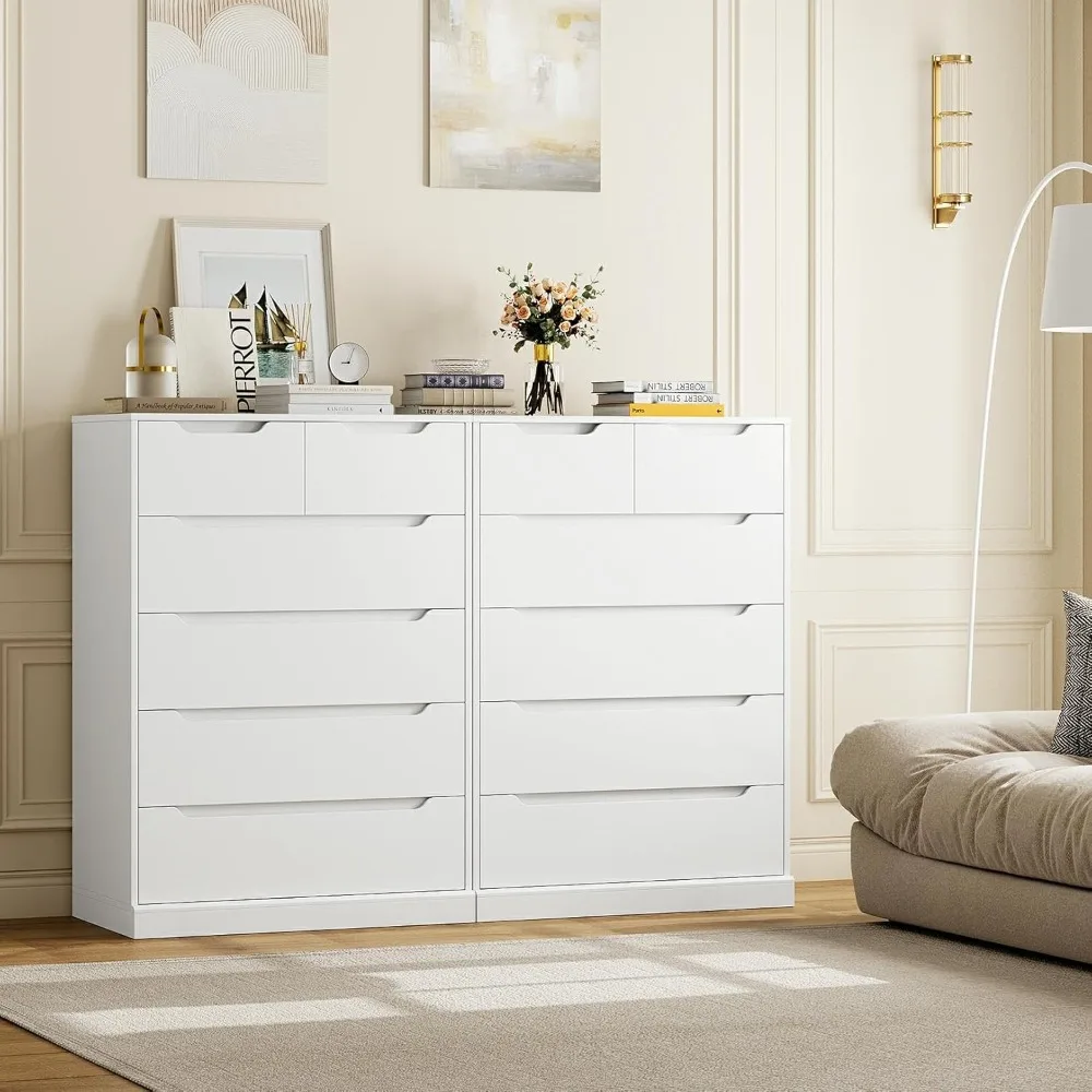 Modern 6 Drawer Dresser, Tall Storage Chest with Cut-Out Handles, Classic White for Bedroom & Living Room