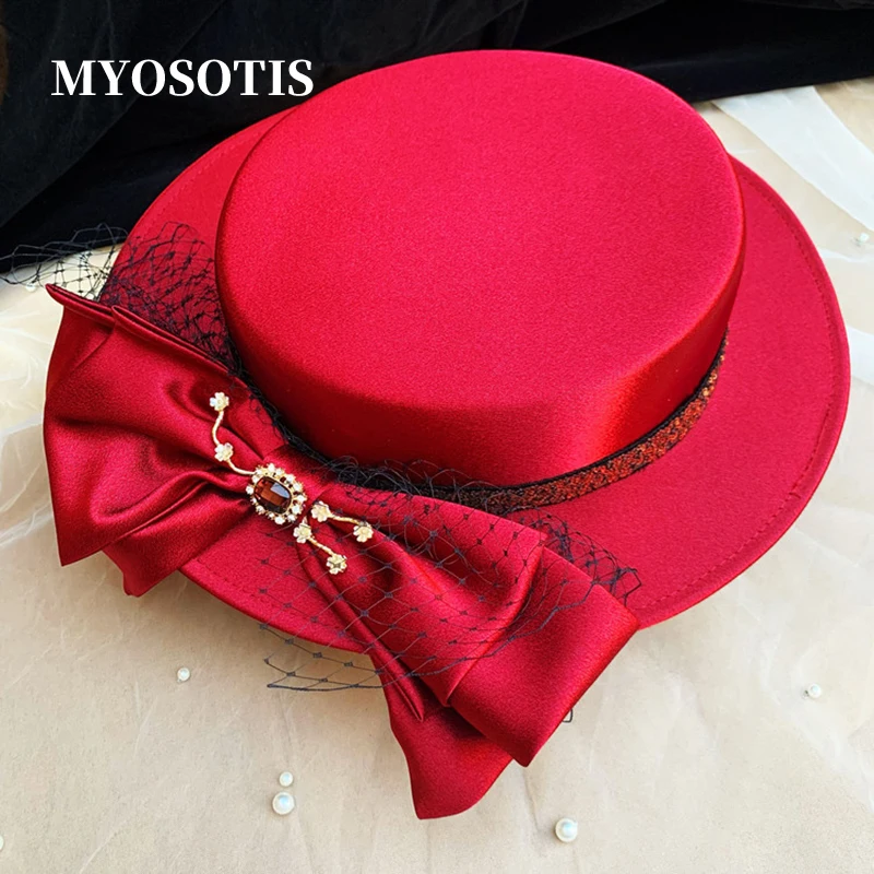 

Red Women Hats Fascinators for Weddings Banquet Party Elegant Bowknot Handmade Flowers Beaded Tulle Princess Bride Accessories