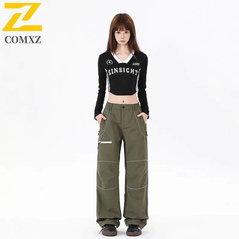 COMXZ 2025 Autumn New Water Repellent Pants Unique Insert Color Snap Button Elastic Waist Unisex Hong Kong Loose Casual Trousers