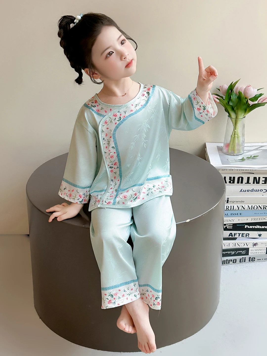 여자 실크 잠옷 얇은 봄 가을 가정 의류 에어컨 정장 어린 소녀 Hanfu 당나라 의상 어린이 가정 정장