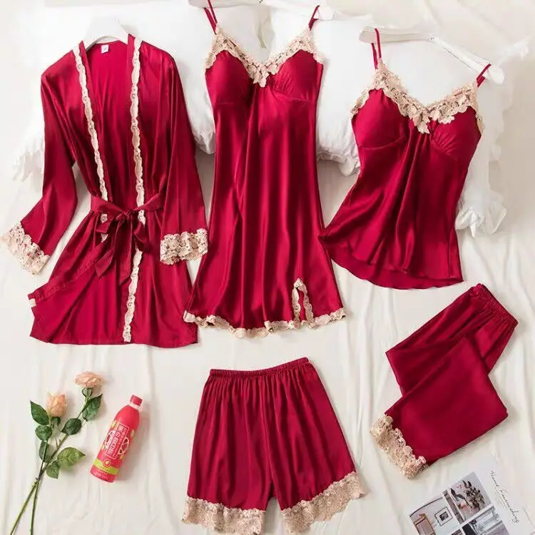 nightgowns Pajamas Women's Summer Sexy dress sets 5 Piece Set of Ice Silk Thin Style Pajamas Spring and Autumn