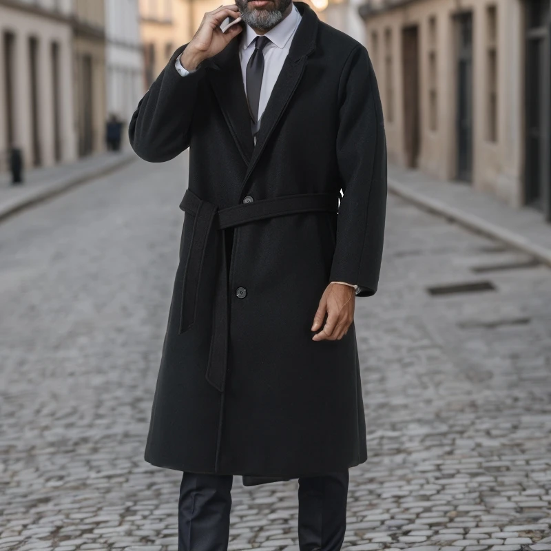 

Winter Black Gentleman Overcoats With Belt Mens Elegant Long Jackets Loose Woolen Trench Coats For Cold Fleece-lined Clothing