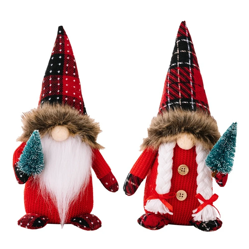 

1 PCS Christmas Ornament Plaid Hat Holding Christmas Tree Rudolph Doll Fabric Dolls Christmas Decoration Supplies A