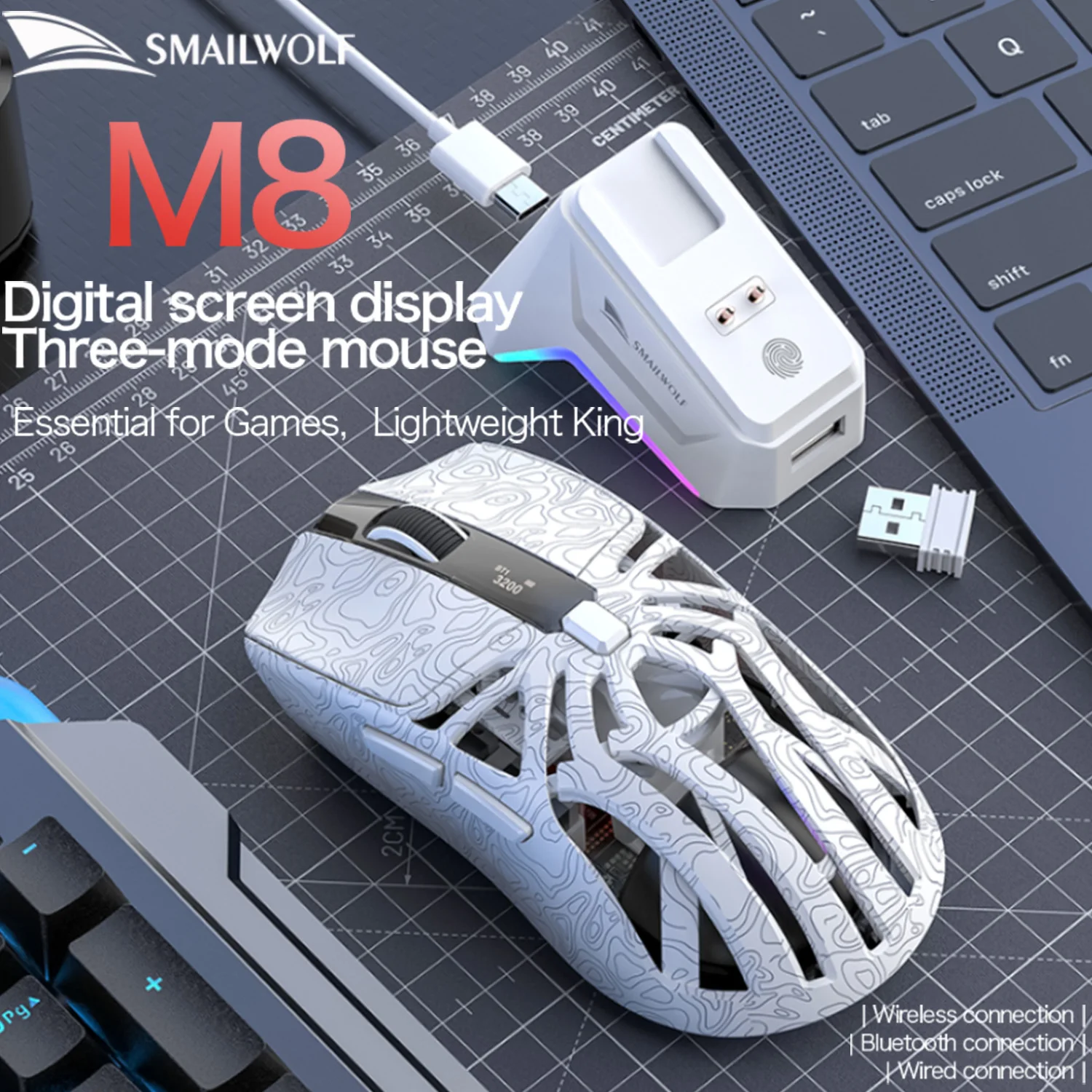 Mouse sem fio Bluetooth SMAILWOLF M8, mouse para jogos e-sports com base de carregamento RGB de três modos, escritório de jogos leve PAW3311 foto 5