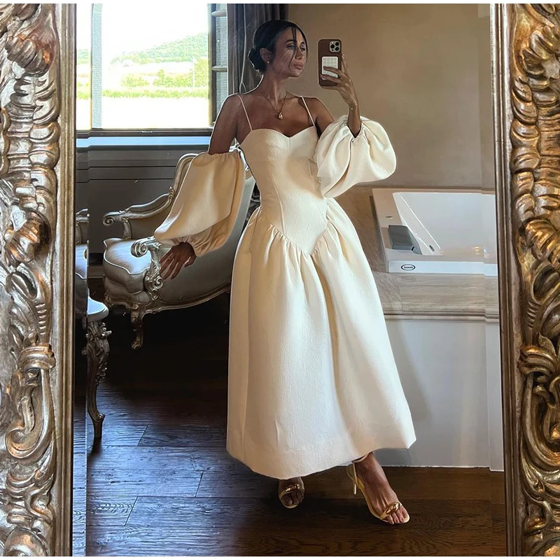 Elegant Puff Sleeve Sling Dresses Women Retro White Slim Fit Tube Dress Female Autumn Summer Versatile Street Party Evening