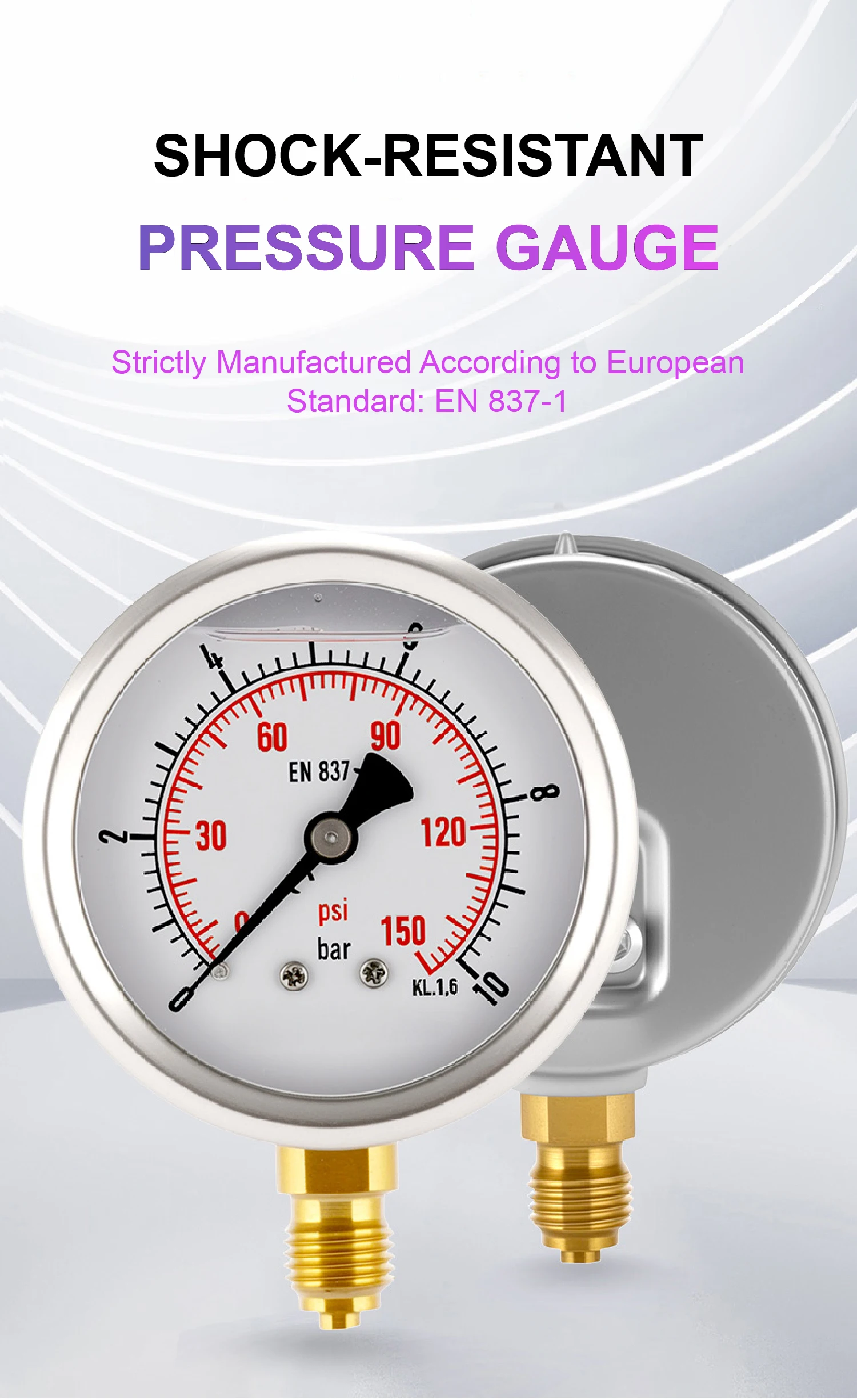 YN100 Shock Resistant Pressure Gauge G1/2 0-1000 PSI 100mm Stainless Steel Air C