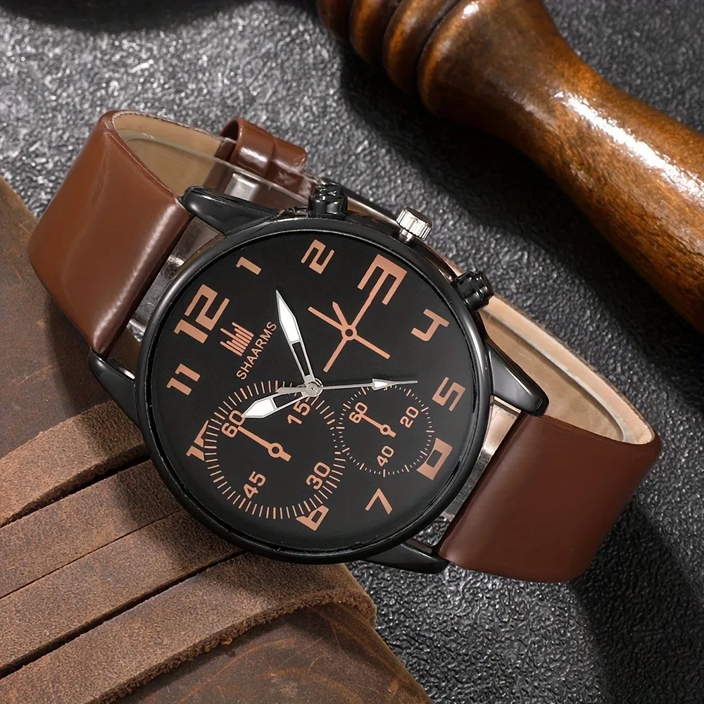 Kegllect 5PCS Men Quartz Watch Round Dial Leather Strap  Bracelet Set Ideal Choice for Gifts(Without Box) 3