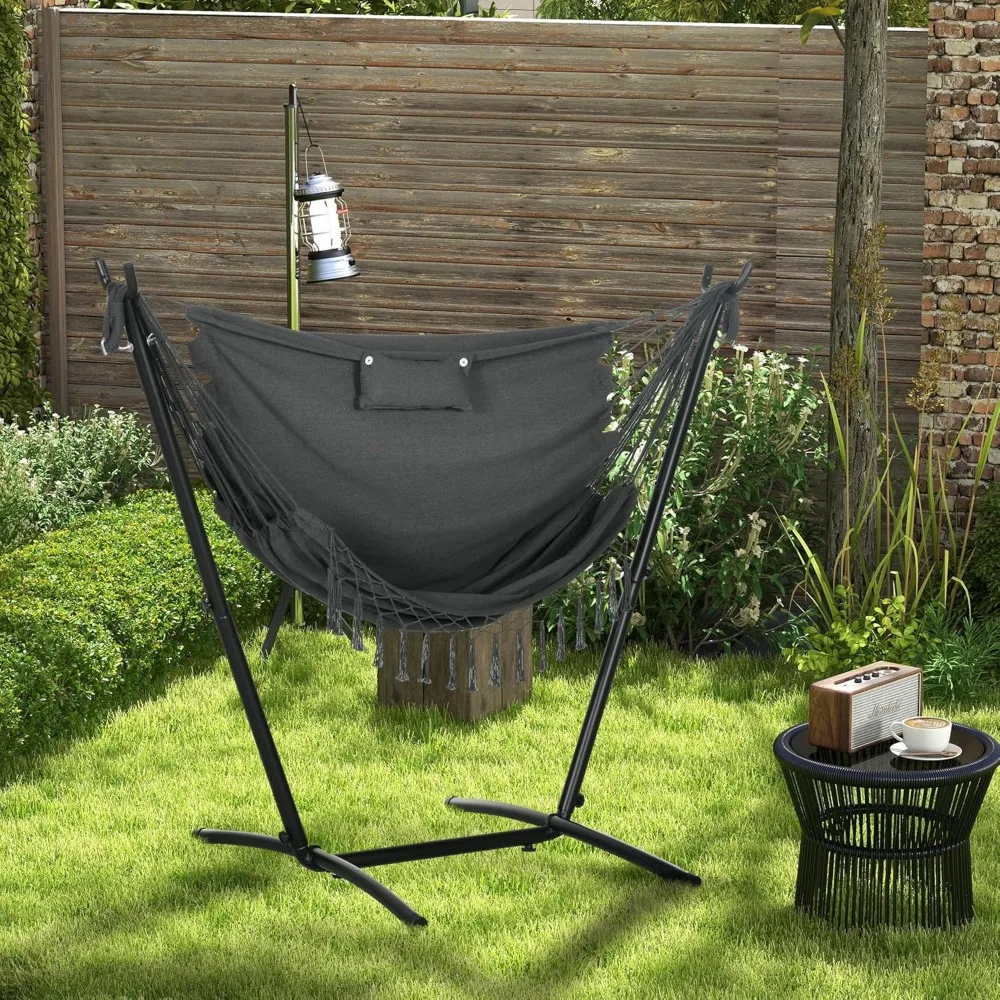 Patio Hammock Chair with Stand, Outdoor Hammock Swing Hanging Lounge Chair with Side Pocket and Headrest 2