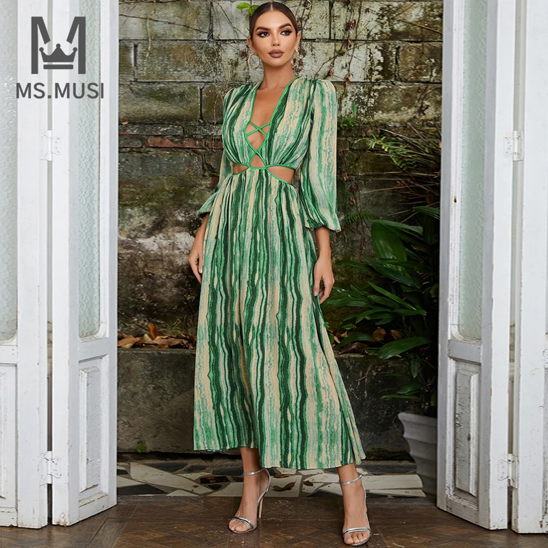 

MSMUSI 2023 New Fashion Women Sexy Stripe Lace Up Hollow Out Long Sleeve A-Line Bodycon Party Club Maxi Dress Long Dress Gown