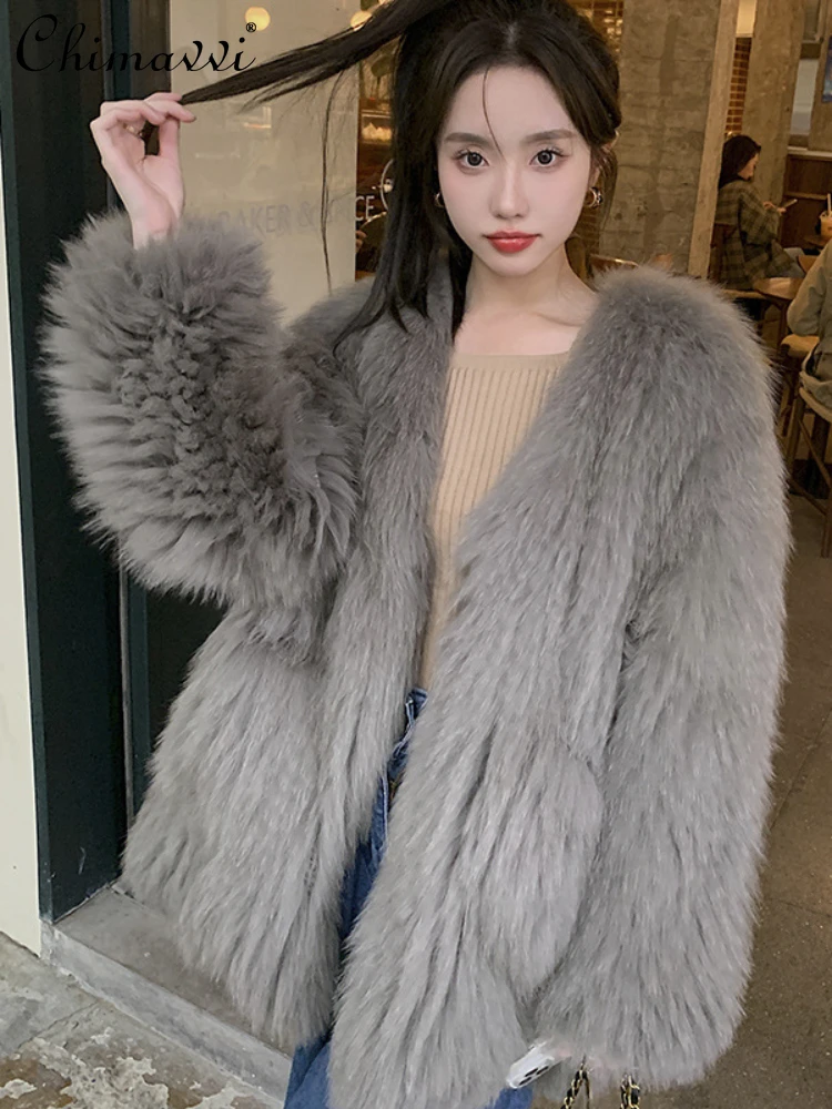 Fashion Commuter Long Sleeve V-neck Women's Double-Sided Woven Fur Coat 2023 Autumn Winter Solid Color Pocket Splicing Coat