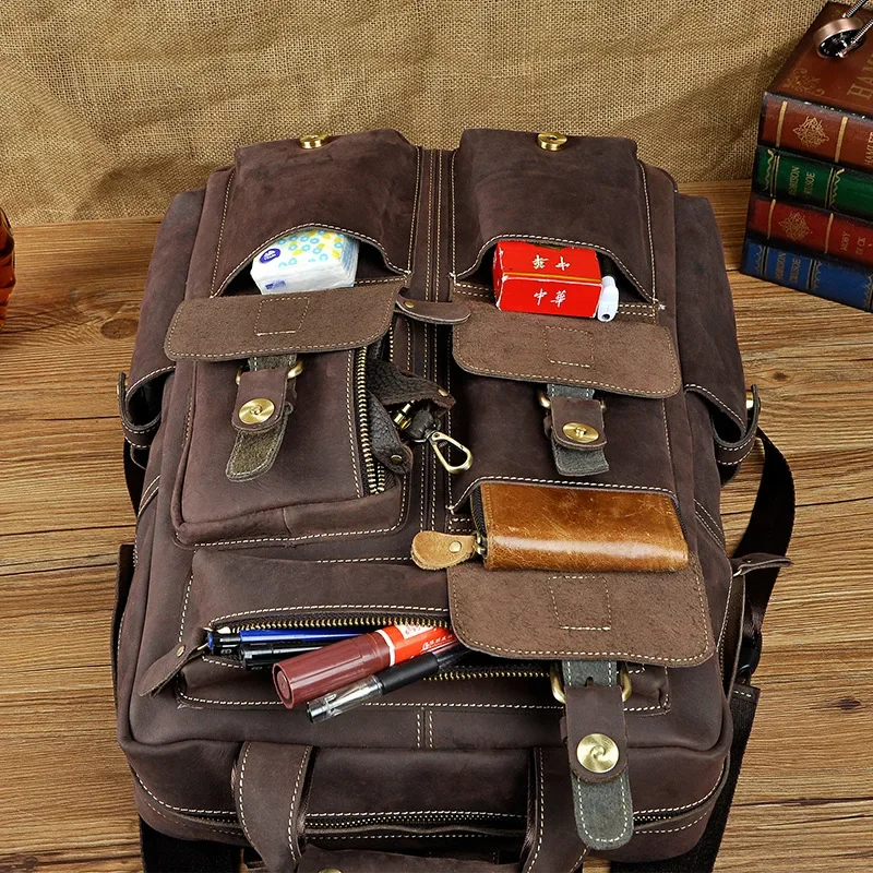 Men Genuine Leather Backpack Knapsack School Bag Large Capacity Laptop Bags Pockets Male Rucksack Travel Daypack
