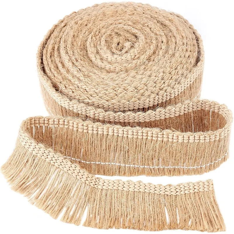 5.5Yds x 1.3 Inch Burlap Fringe Trim Tassel Jute Lace Sewing Chainette Fringe Fibre Trimmings Flat Jute Cord Handmade Hemp Rope
