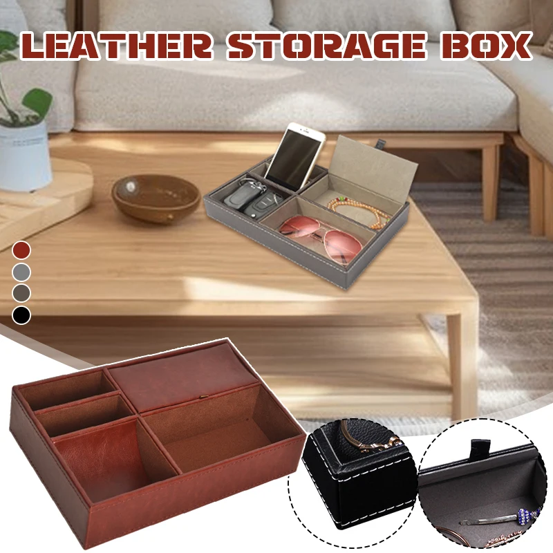 Men's Valet Tray Desktop PU Leather Wood Tray Organizer Jewelry Box Nightstand Organizer For Phone Keys Wallet Glasses Multifun 2