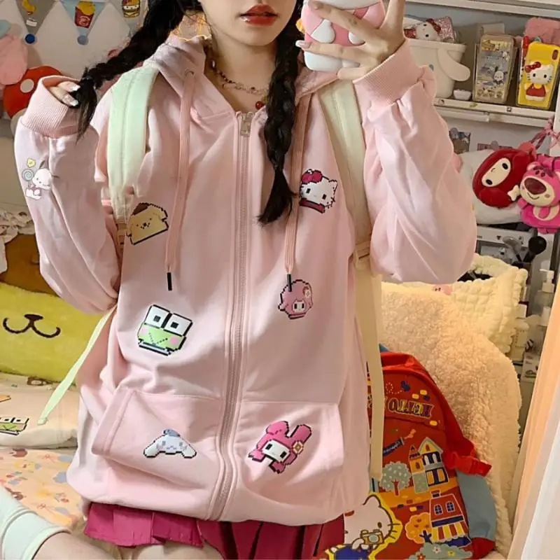 

Hello Kitty Y2K Sanrio аниме мультфильм Женская печать пальто горячая девушка сексуальная свободная Короткая Повседневная Спортивная 2023 короткая молния