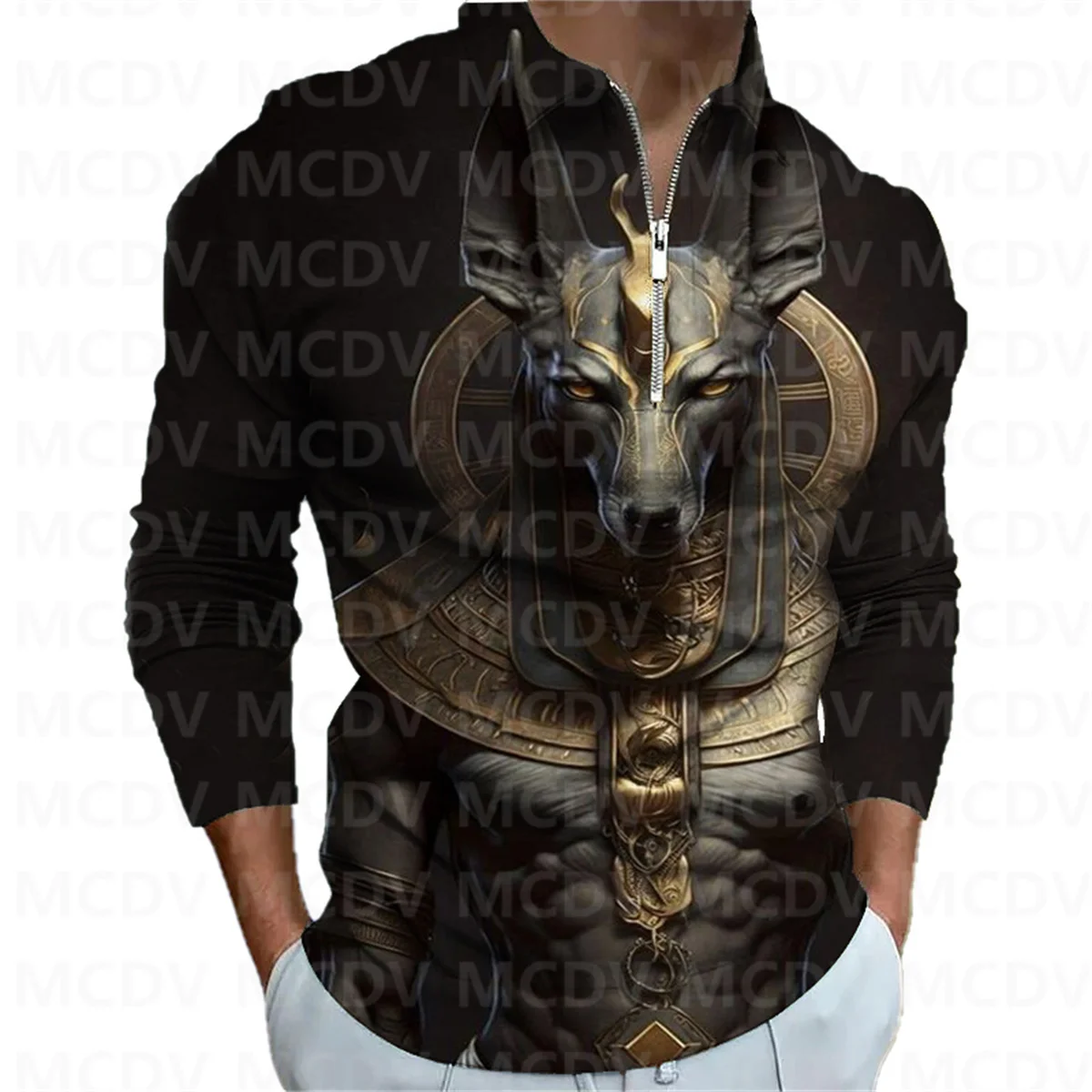 

Men's Long Sleeve Zipper Polo Shirt Pharaoh 3D Printed Polo Long Sleeve T Shirt Casual Tops