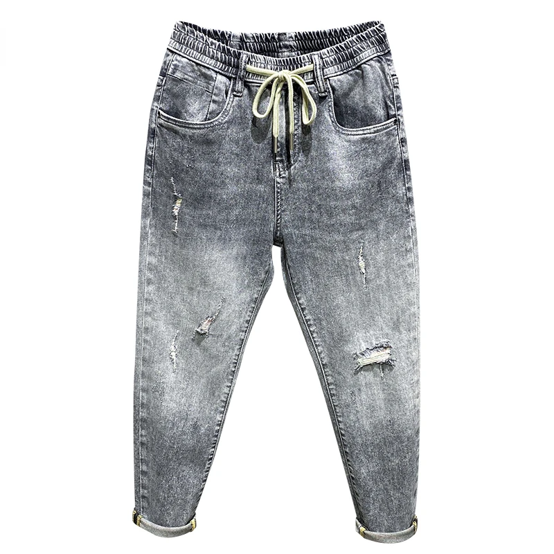 Mens Ripped Jeans Grey Stretch Distressed Broken Holes Streetwear