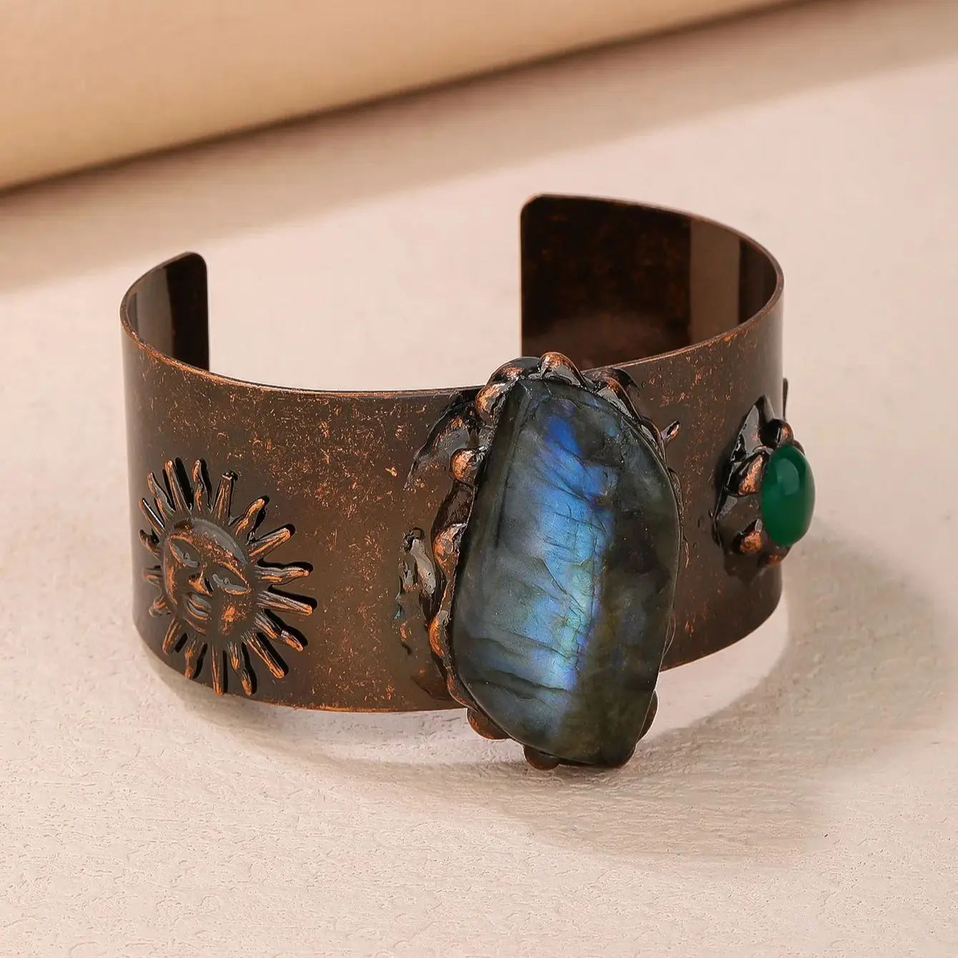 YEEVAA Labradorite Glitter Stone Wide Opening Cuff Bangle Healing Gemstone Copper Plating Adjustable Punk Bracelet Vintage Jewel