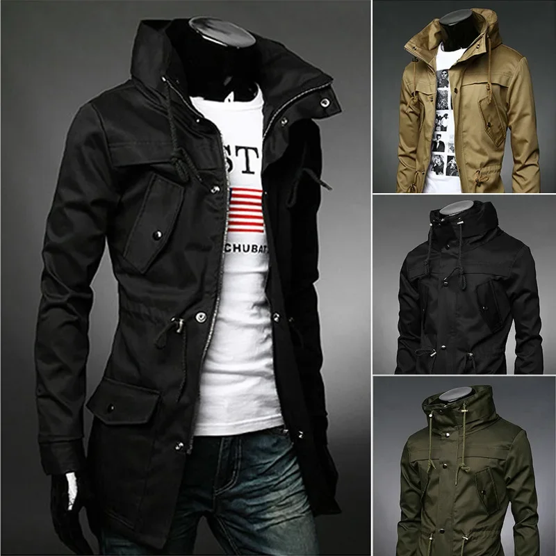 

2021 England style high collar jacket trench men Army green business casual slim windbreaker for men coat jacket m-xxxl