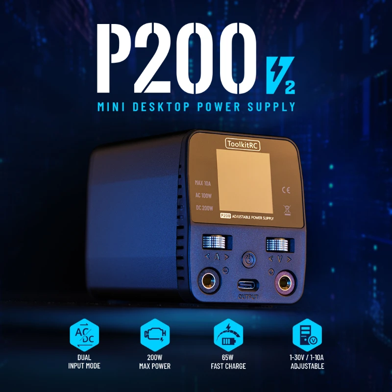 ToolkitRC P200 V2 Mini GaN Adjustable Desktop Power Supply Adapter AC100W DC200W Type-C Output Compatible Charger thumbnail 4
