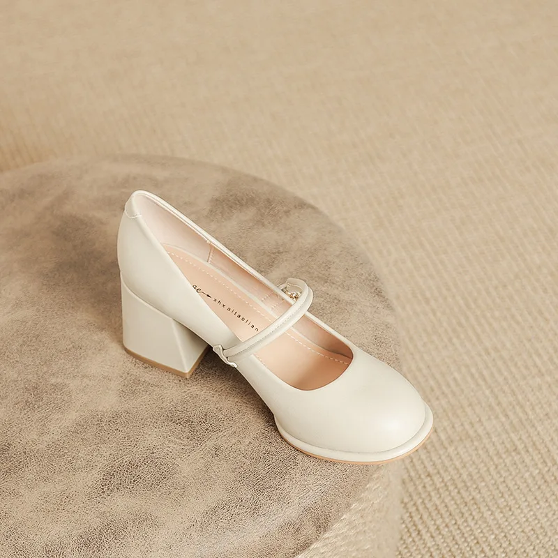 

2023 Spring New Round Toe Thick Sole Women's One Line with Pearl Decoration Korean Edition Mary Jane Single Shoes