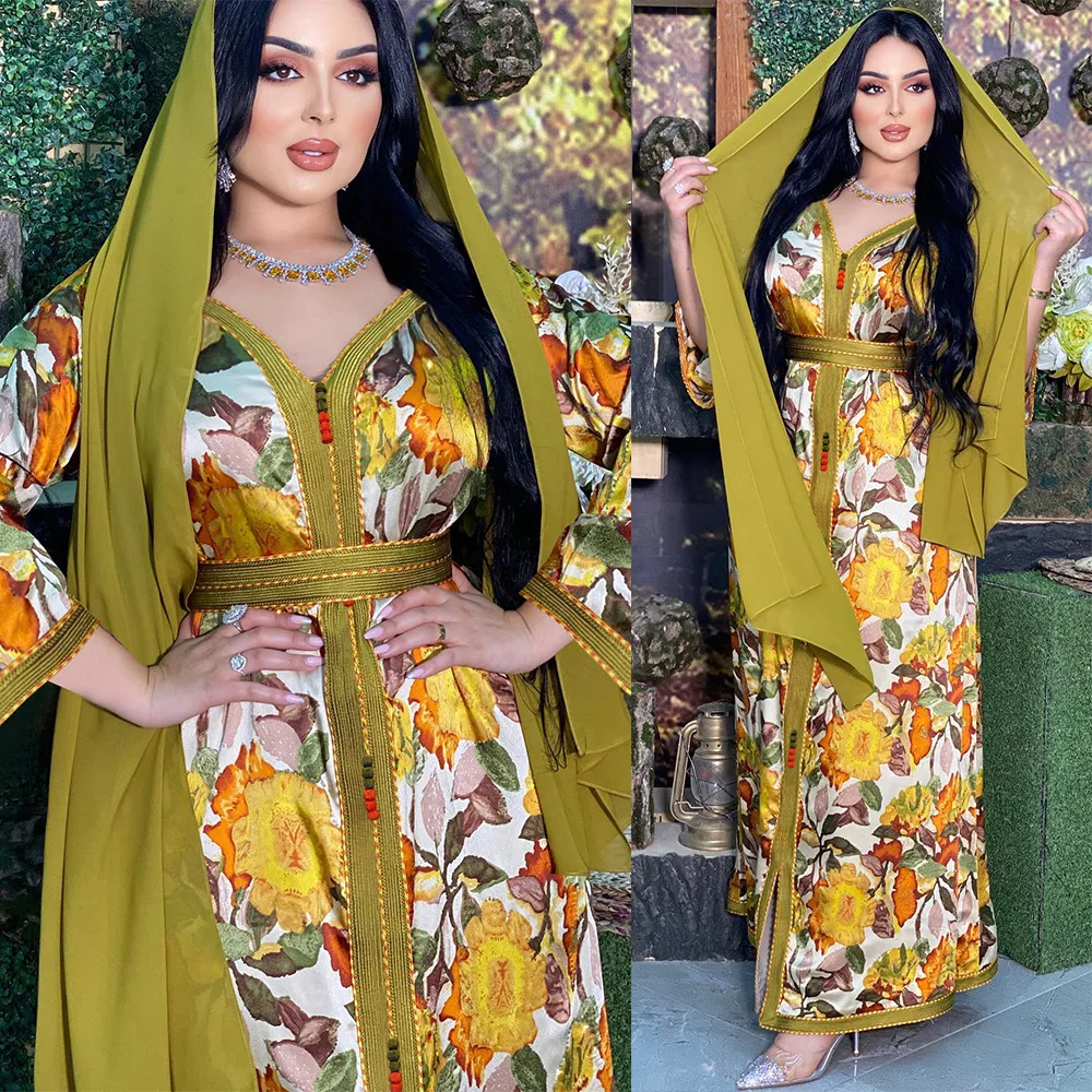 

New Arrivals Dubai Muslim Dress with Scarf Ramanda Printing Middle East Abaya Long Sleeves Party Dresses Robe Hijabs 2PCS