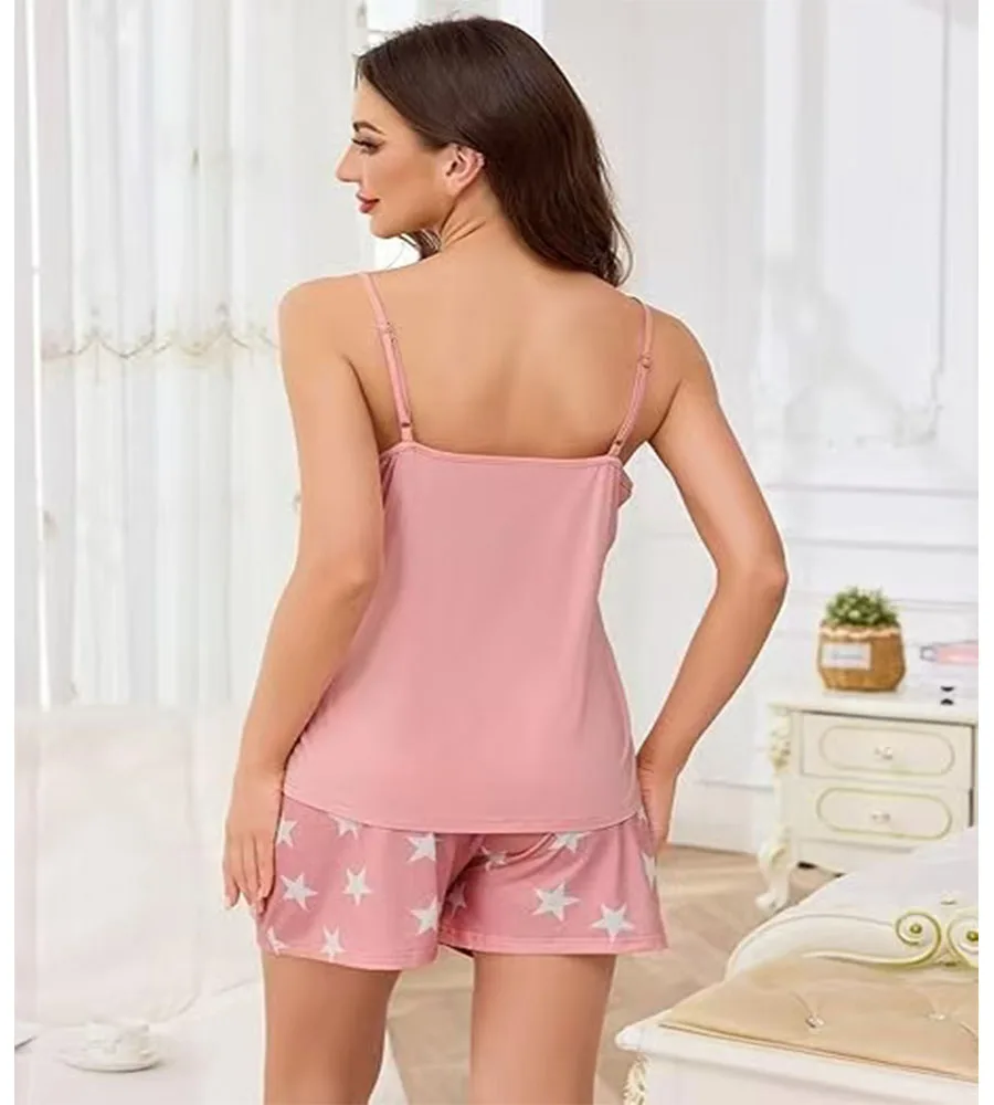 2025 New Womens Cute Star Print Pajama Set Lace Trim V Neck Cami Top and Shorts Two Piece Sleepwear Loungewear Summer Hot