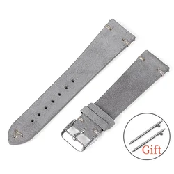Premium Suede Leather Vintage Watch Straps with Handmade Stitching - Blue, Grey, Brown - 22mm (Grey)