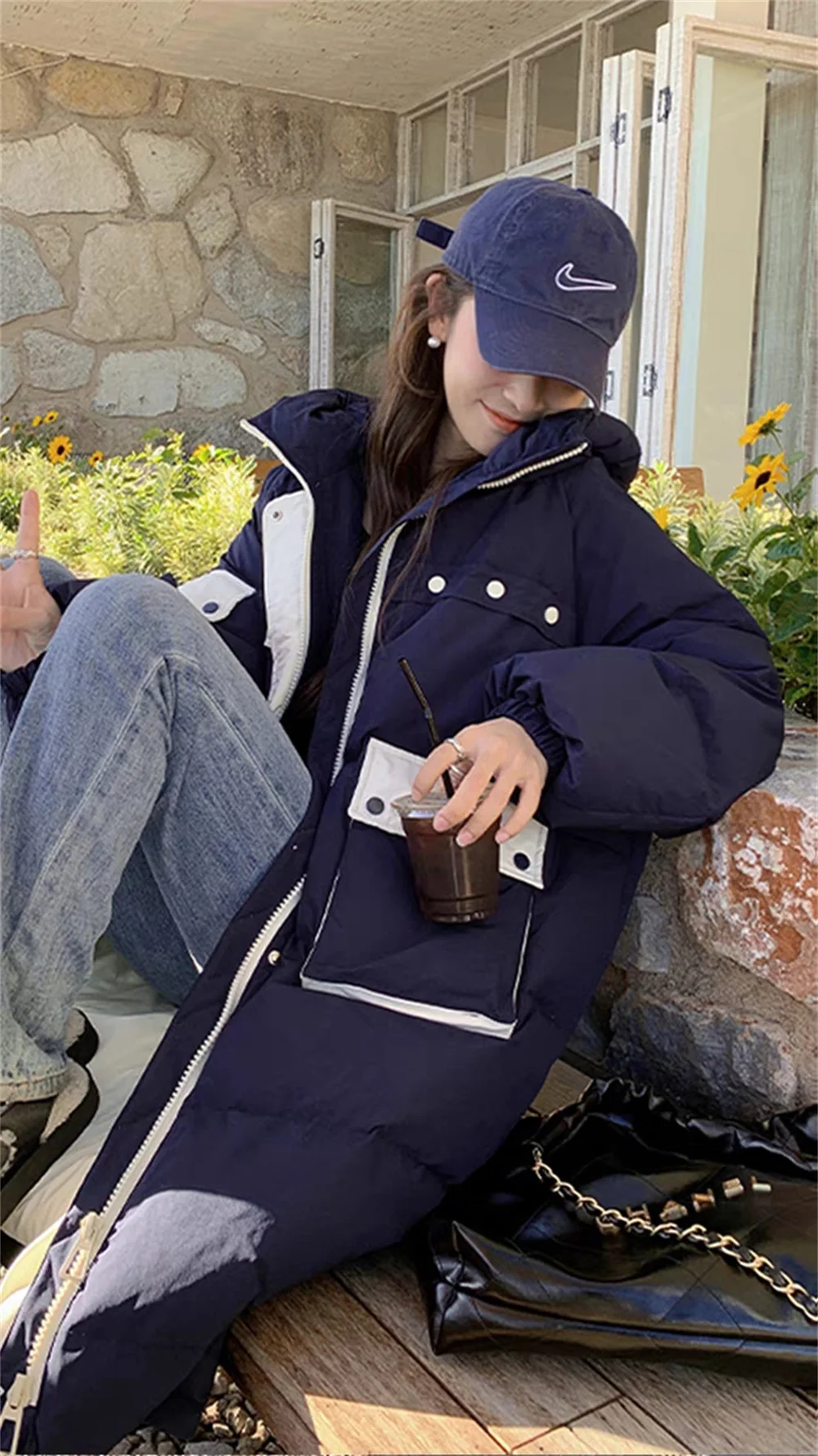 Navy Blue 90% White Duck  Down  for Women's Mid Length Winter New Design Sense Hooded Bread Jacket 2023