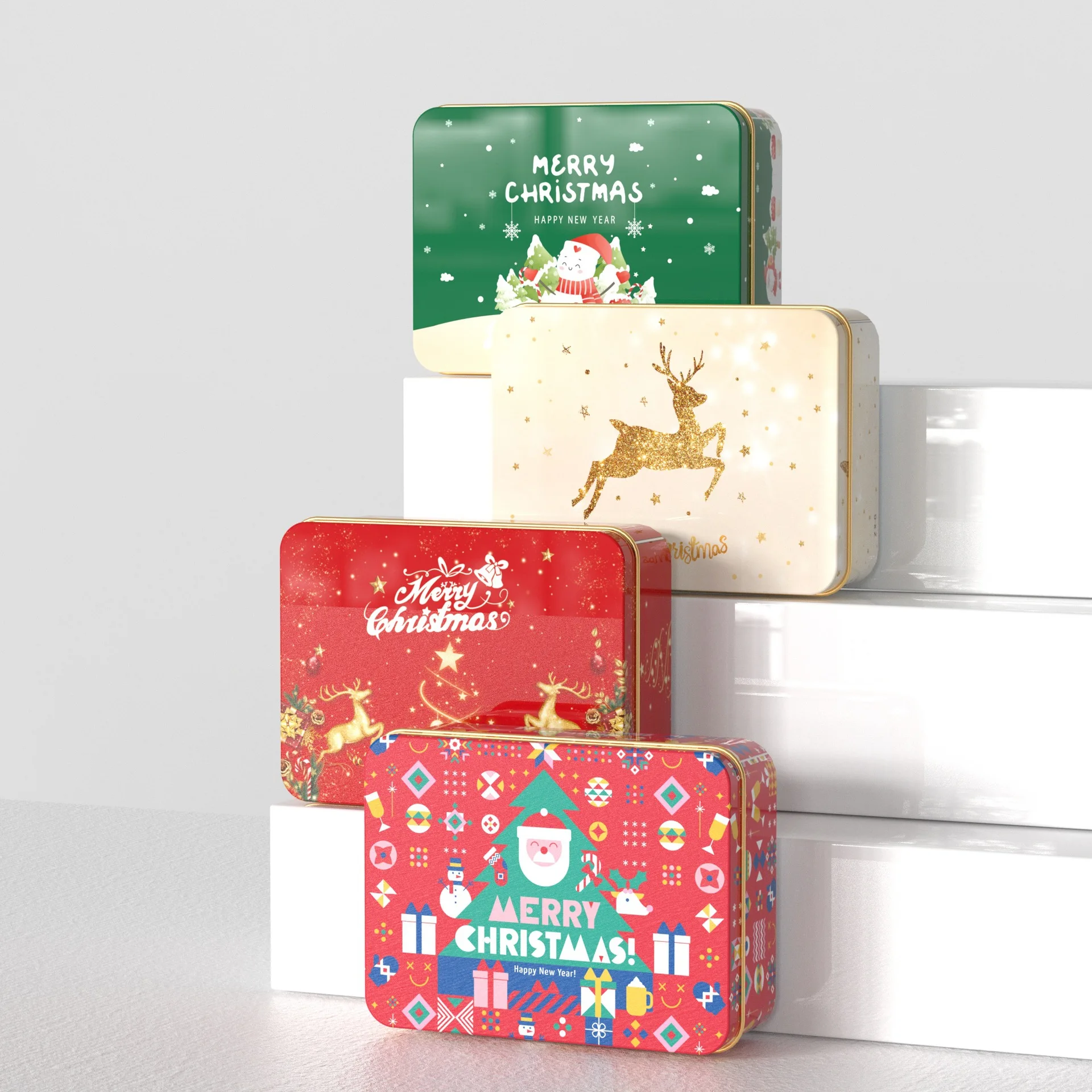 Weihnachtliche runde Bonbondose mit Cartoon-Elch und Weihnachtsmann-Motiv, festliche Weihnachtsdose aus Weißblech für Geschenke und Süßigkeitenverpackung – Detail 2