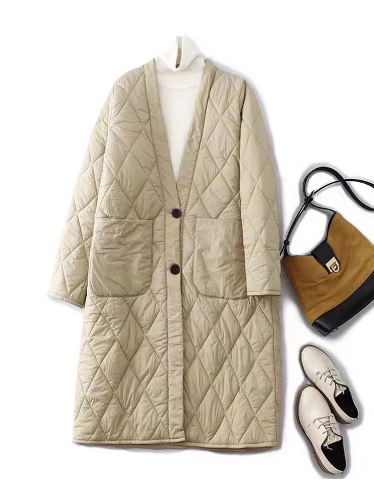 

2023 New Women Vintage Down Cotton Jackets Fashion V-Neck Single-Breasted Long Quilted Parkas Ladies Winter Outerwear Coat