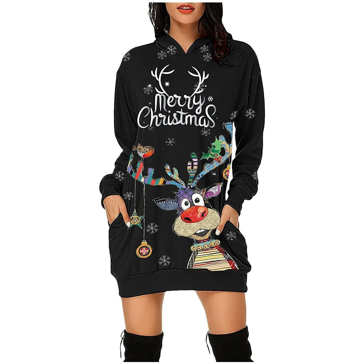 Weihnachtskleid Mit Katzen-Print – Langes Sweatshirt-Kleid Mit Kapuze, Rundhals & Taschen