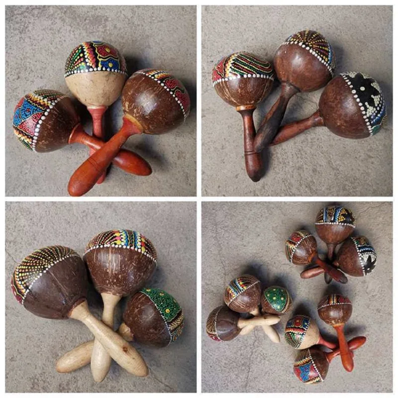 Percussion Musical Instrument Sand Hammer Educational Coconut Shell Wooden Maracas Rumba Shaker Hand Rattle Maraca For Children wooden sand hammer musical rattles