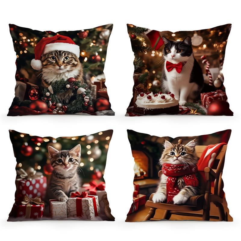 Christmas Cat Digital Print Cushion Cover Peach Skin Velvet Room Home Sofa Living Office Car Simplicity Pillow Cover 45x45CM