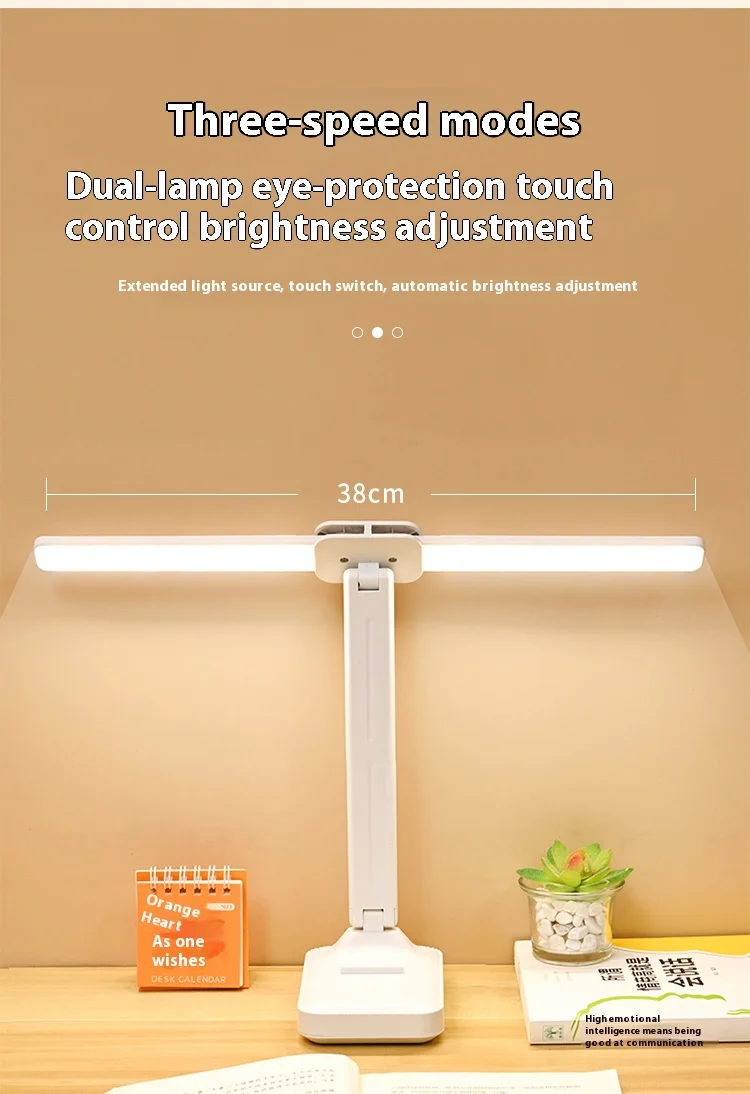 LED double-head desk lamp, 3-level dimmable touch night light, USB rechargeable, eye-protection, foldable bedside reading desk