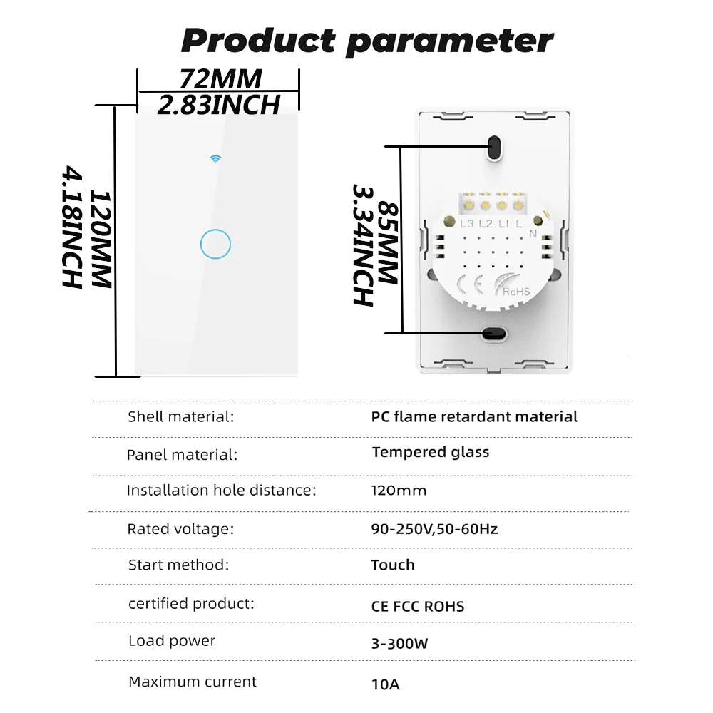 Description Picture 3 of itemTuya Smart Life Light Switch US 1/2/3 Gang No Neutral Wire Touch Sensor LED Light WiFi Smart Wall Switch For Alexa Google Home