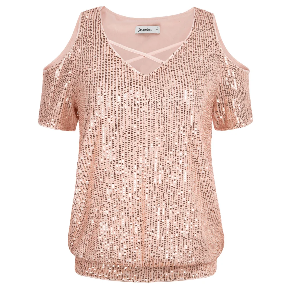 

Jasambac Women Cold Shoulder Sequined Tops Short Sleeve V-Neck Party Blouse Sparkle Cocktail Party Tops Elegant Lady Streetwear