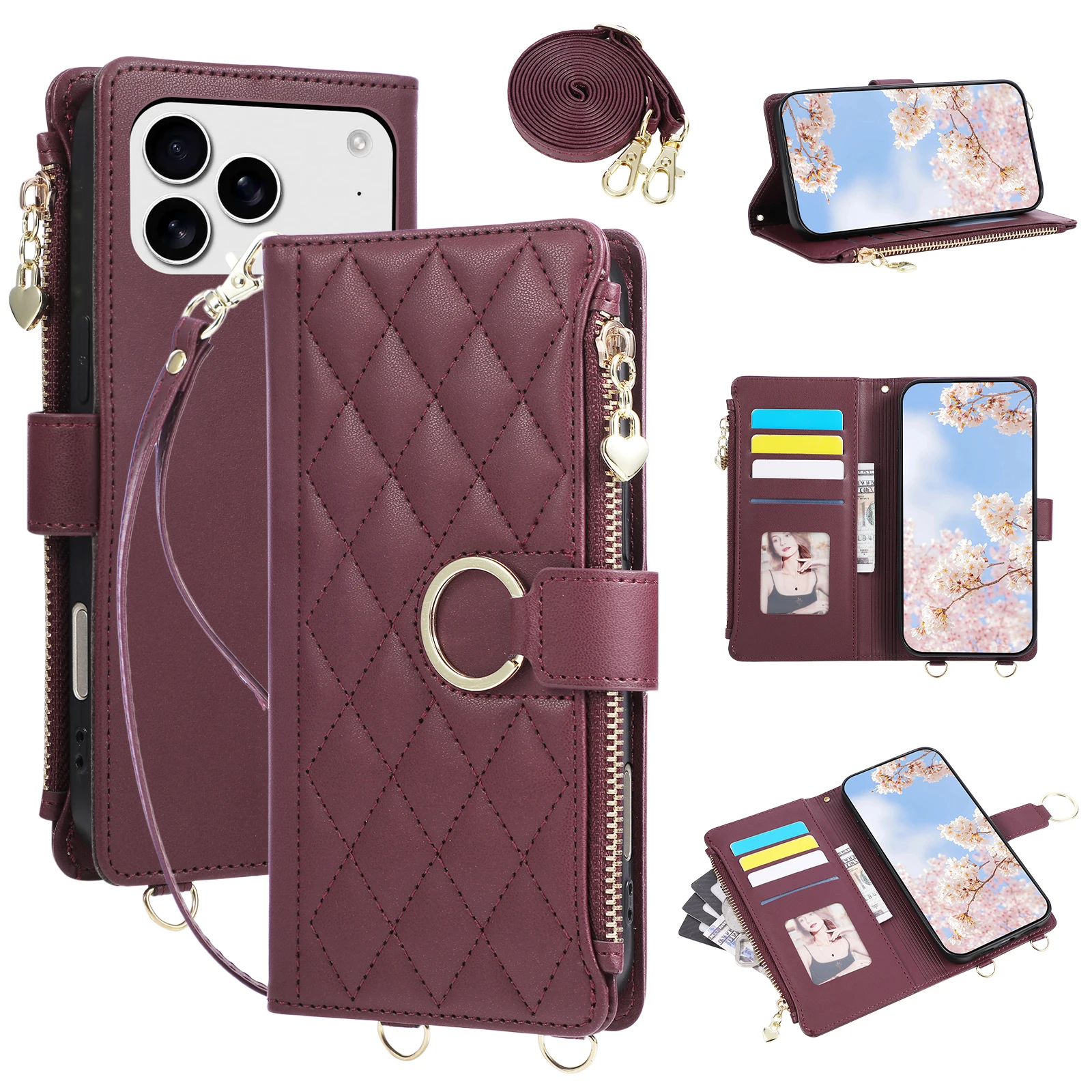 Quilted Zipper Wallet Phone Case with Crossbody Strap and Card Holder