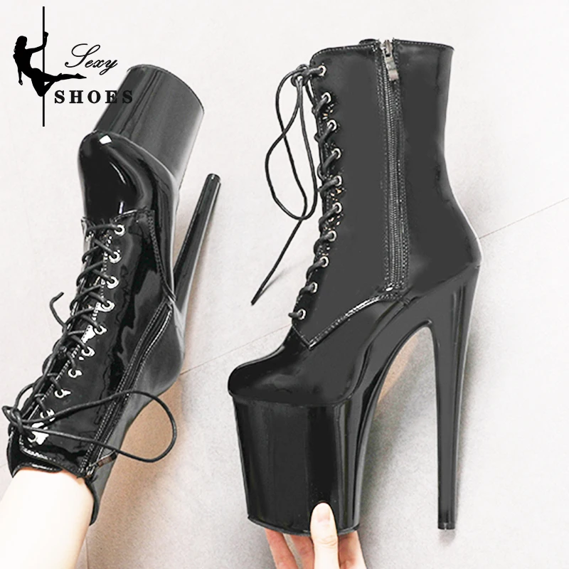 Women Heels Boots  Autumn Stiletto Sexy Platform High Heels 20cm/8Inch Lace-up Roman Boots Round Toe Black Modern ANKLE  Boots