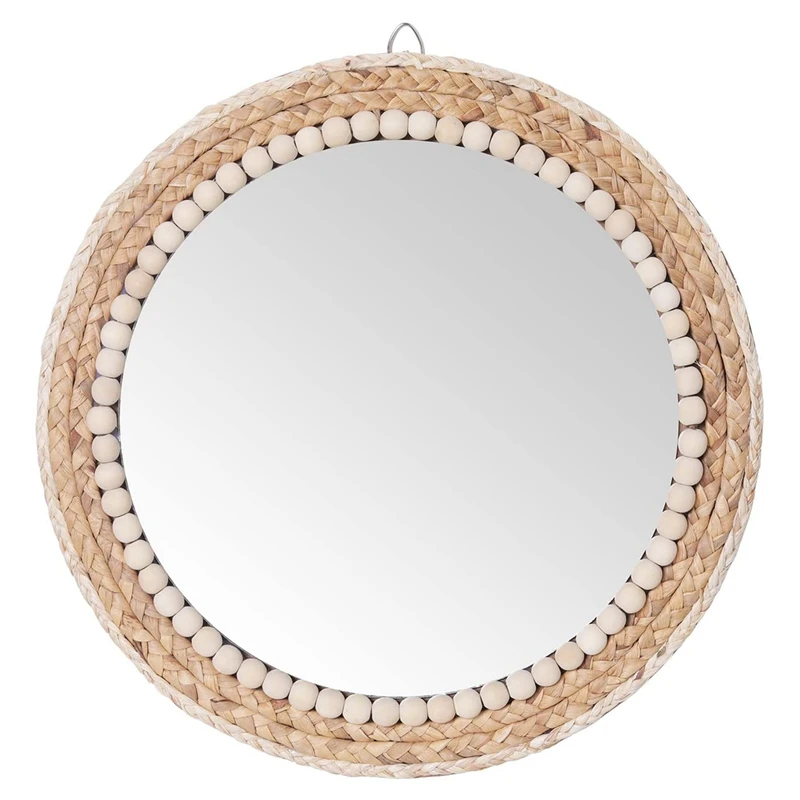 

HOT SALE Straw Rope Decorative Mirror Woven Straw Mirror Moroccan Wood Beads Hanging Makeup Mirrors Wall Ornaments Home Decor