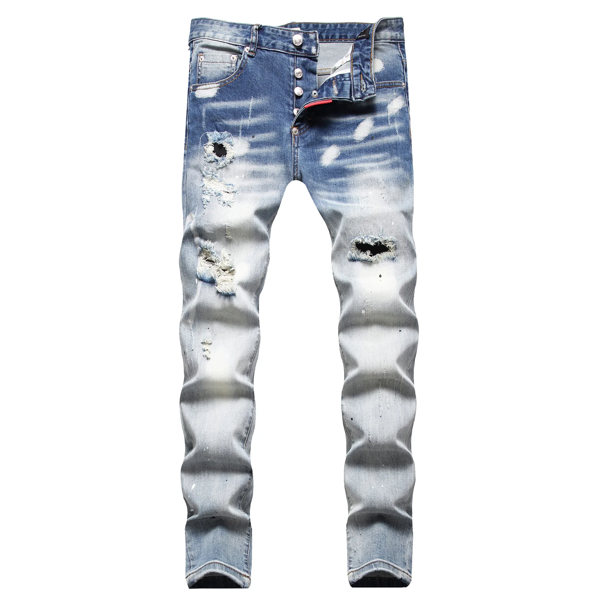 

Men's fashion jeans streetwear Punk motorcycle ripped printed mens slim jeans