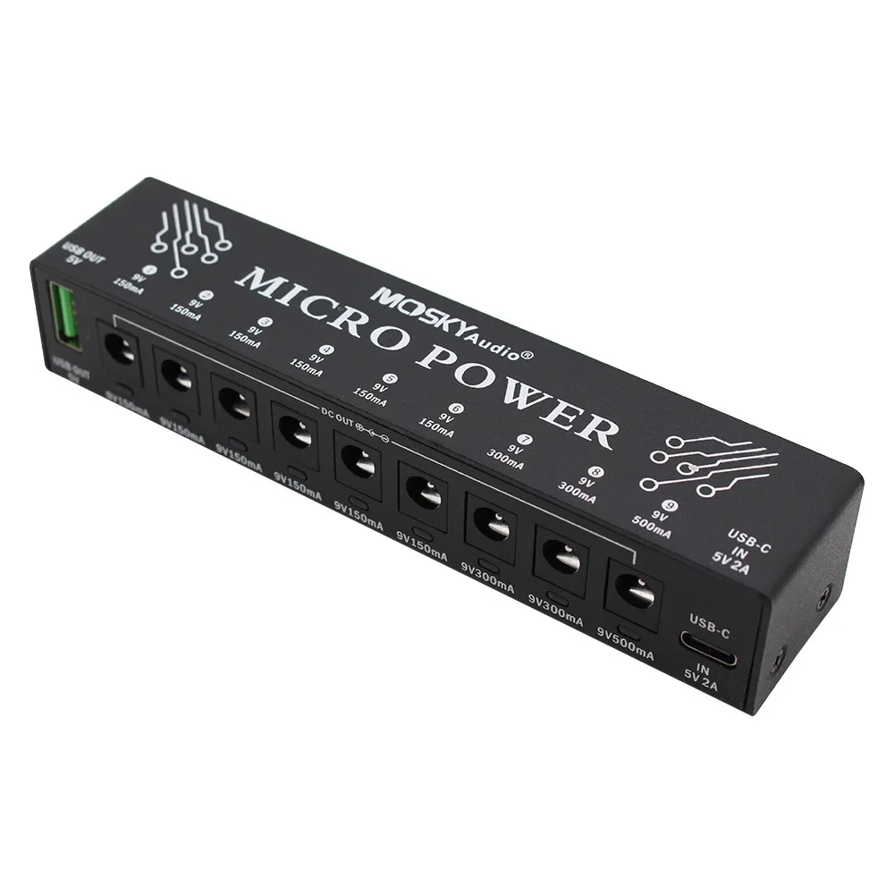 모스키 마이크로 파워 9개의 DC 출력 +1개의 USB 출력 이펙트 페달 전원 공급 장치 9V 150-300mAh 기타 페달용
