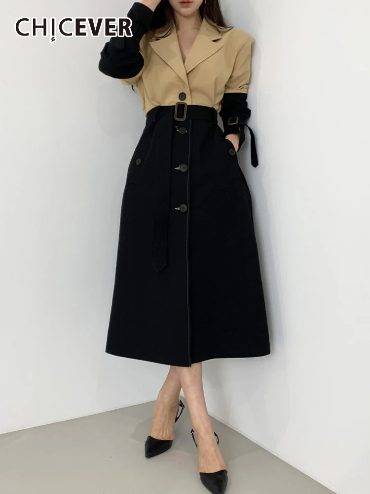 

CHICEVER Korean Vintage Chic Trenches For Women Lapel Long Sleeve Single Breasted Patchwork Belt Colorblock Loose Trench Female