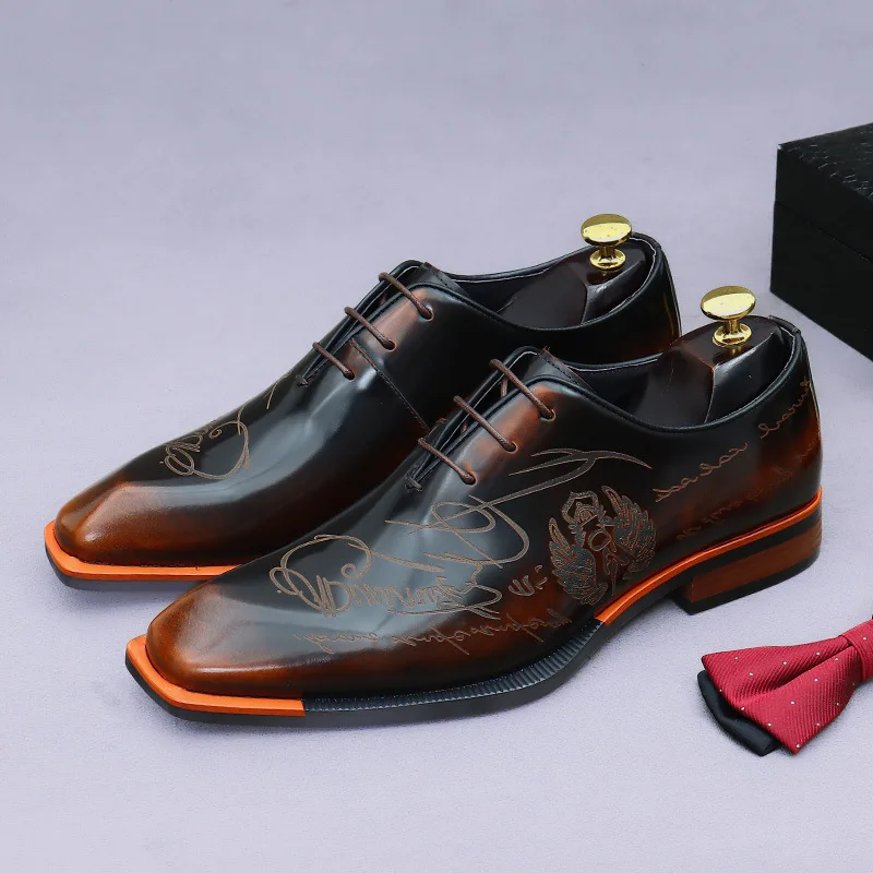 Embossed Printed Business Formal Cowhide Men's Oxfords Genuine Leather Casual Lacquered Shiny British Shoes