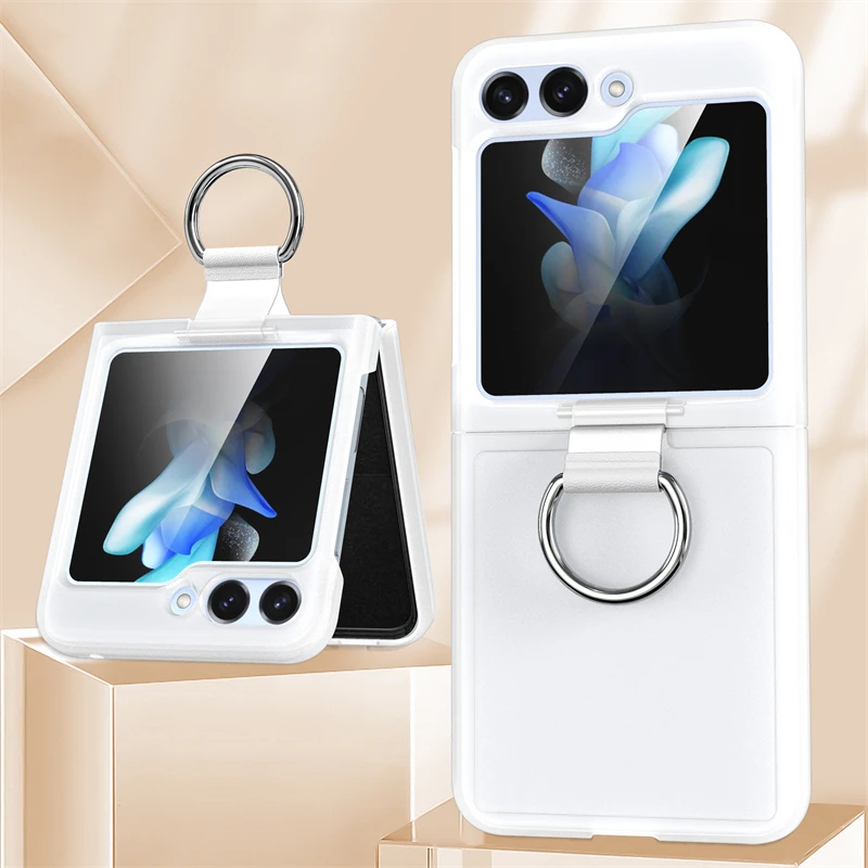 Solid Color Folding Case with Finger Ring Buckle - Shockproof Matte Clear Cover