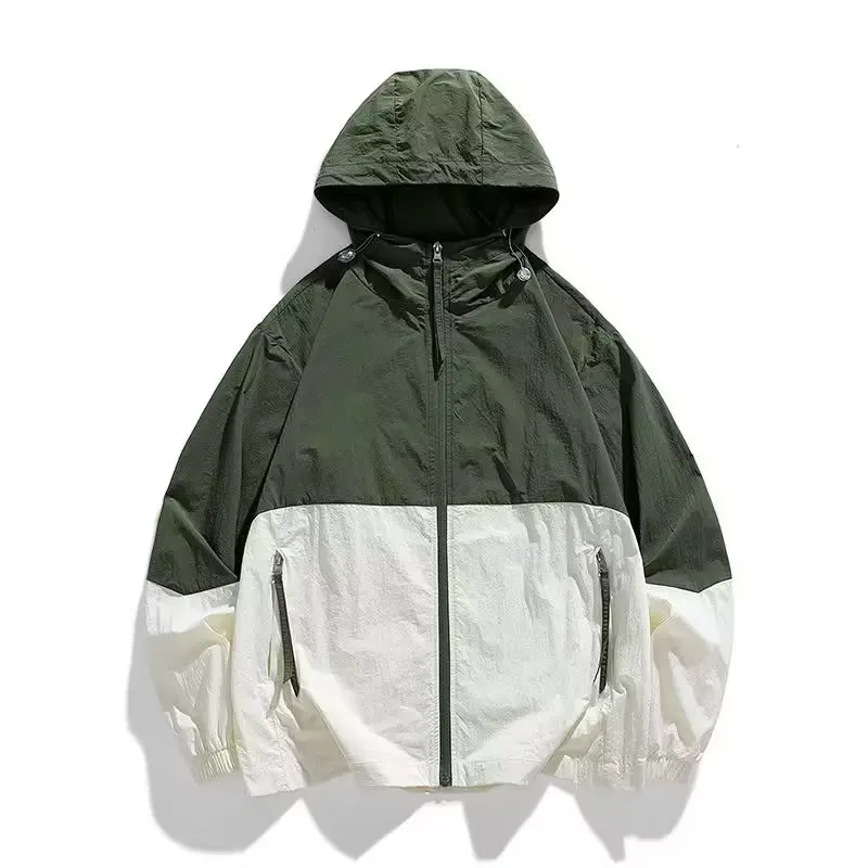 

Men Hooded Patchwork Color Block Sunscreen Clothing Anti UV Windbreaker With Pockets Male Jacket Outdoor Sports Casual Coats