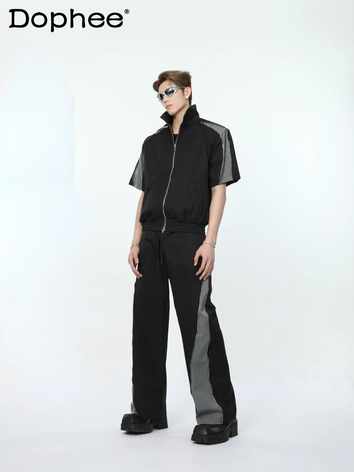 

Men's 2024 Zipper Design Two-Piece Sets Loose Comfort Lapel Short Sleeve Contrast Color Tops Drawstring Casual Pants Sets