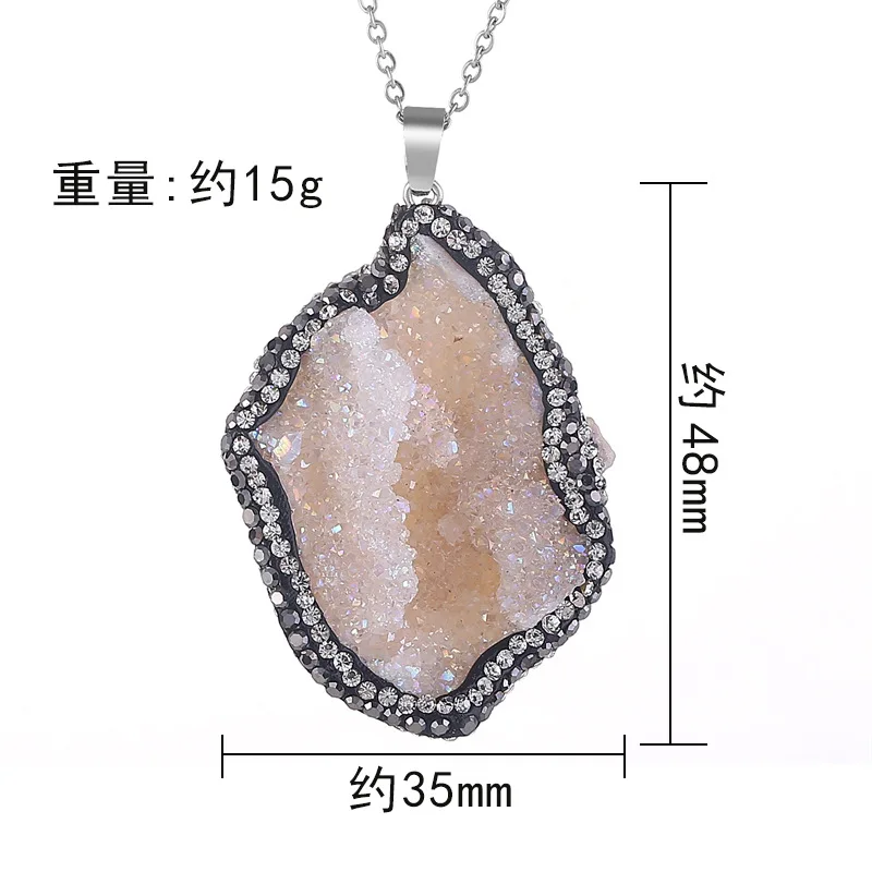 Natural Agate Crystal Cluster Pendant Necklace Inlaid Rhinestone Irregular Rock Stone Crystal Plating Colorful Sweater Chain