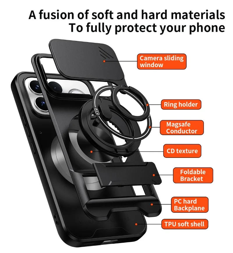 Shockproof Armor Protective Case with Magnetic Ring Holder and Magsafe Compatibility