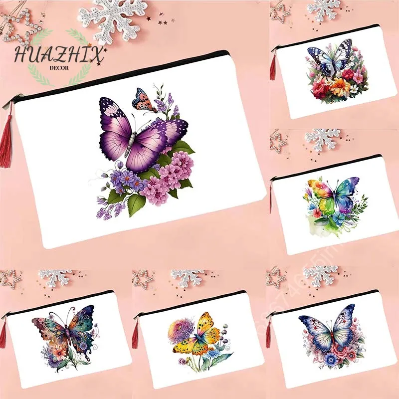 

Butterfly Makeup Bags Flower Print Women Makeup Bags Travel Organizer Zipper Handbag Canvas Make Up Pouch Teachers Gifts Bags